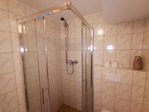 a shower with a glass door in a bathroom at Pension Kerstin in Warnemünde