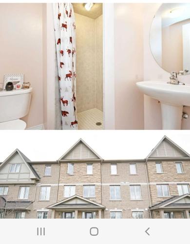 Dos fotos de un baño con un edificio. en Cozy jets empire, en Brampton
