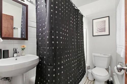 a bathroom with a black shower curtain and a toilet at Bright & Airy 1BR Retreat in Hyde Park - Hyde Park 109 and 209 rep in Chicago