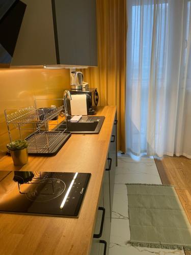 a kitchen with a counter with a stove top oven at PM RESIDENCE KORFANTEGO 8 in Katowice