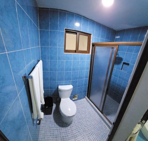 a blue tiled bathroom with a toilet and a shower at Villas ponto in Holbox Island