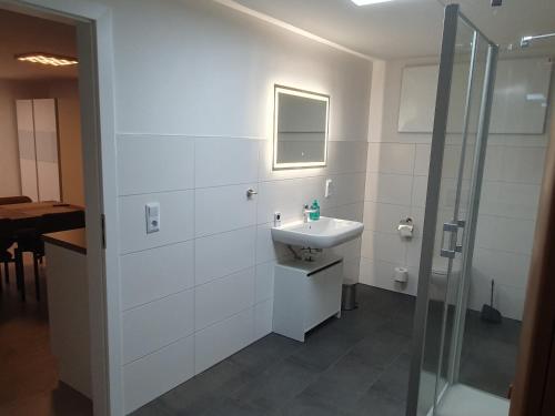 a white bathroom with a sink and a shower at Gut Stedingsmühlen in Molbergen