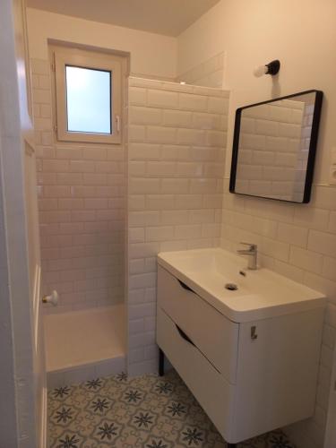 une salle de bain avec un lavabo, un miroir et une baignoire dans l'établissement Maisonnette Au 15, à Auxerre