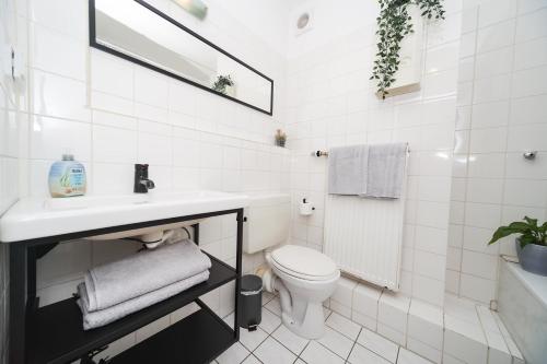 ein weißes Badezimmer mit Waschbecken und Toilette in der Unterkunft Apartment Central 85B 40qm Wi-Fi free in Dortmund
