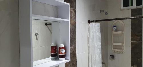 a bathroom with a shower with two shampoo bottles on a shelf at Hermoso apartamento iluminado cerca al Metropolita in Barranquilla