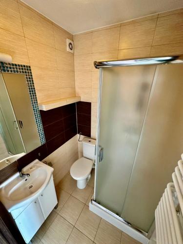 a bathroom with a shower and a toilet and a sink at Baltic Sun SPA in Rewal
