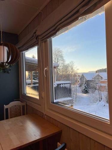una ventana con vistas a un patio cubierto de nieve en Large house with beds for 12-14 en Trondheim