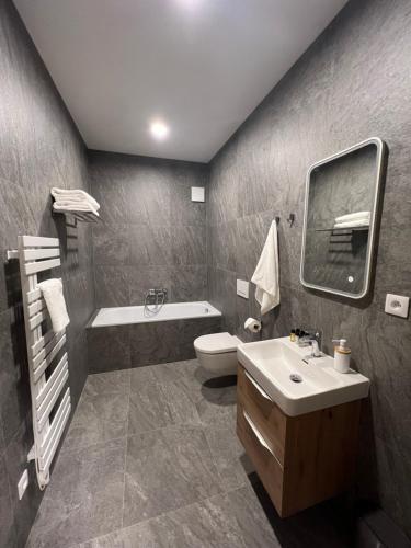 a bathroom with a sink and a tub and a toilet at Golden Ridge Apartments in Špindlerův Mlýn