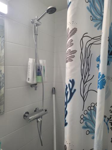 um chuveiro na casa de banho com uma cortina de chuveiro em Loistava sijainti, perfect location. em Vantaa