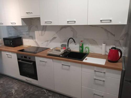 a kitchen with a sink and a counter top at City Center-Złota str. in Warsaw