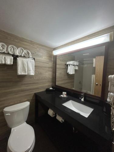 a bathroom with a toilet and a sink and a mirror at Ramada by Wyndham Lindsay in Lindsay