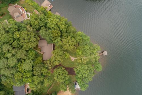 an aerial view of an island with trees and water at Wake N Lake in Littleton