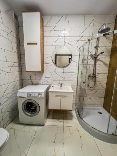 bagno con lavatrice e lavandino di Apartment by Toruńska Street a Gniezno