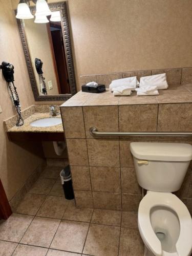 a bathroom with a toilet and a sink and a mirror at Comfort Inn & Suites Lincoln City in Lincoln City