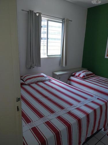 Duas camas num quarto com paredes verdes e uma janela. em Hostel da Socorro em Recife