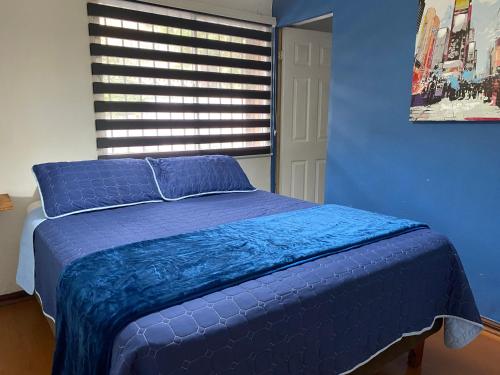a blue bedroom with a bed with a window at MAKTVB Costanera - Hostal Boutique in Santiago