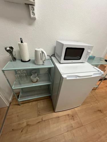 a microwave oven sitting on top of a counter at Mikro Apartment Großenhain in Großenhain