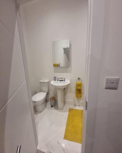 a white bathroom with a toilet and a sink at Maidstone Modern Flat High Street in Kent