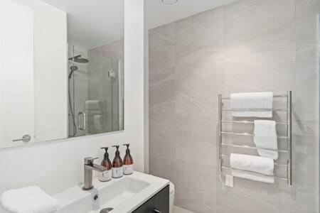 瓦納卡的住宿－Alps Serenity Retreat - Wanaka，浴室配有盥洗盆、镜子和毛巾