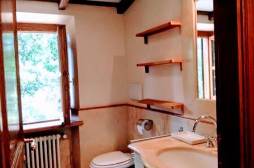 a bathroom with a sink and a toilet and a window at Rome villa swimming pool in Campagnano di Roma