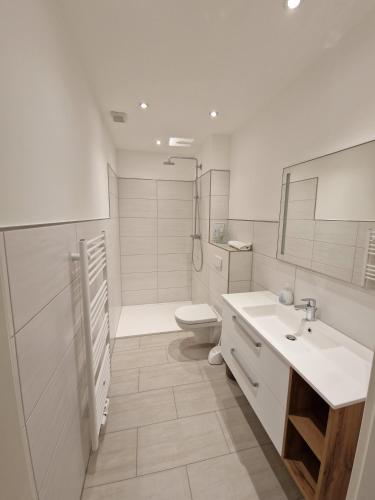 ein weißes Bad mit einem WC und einem Waschbecken in der Unterkunft Altstadt-Apartment Rothenberg in Wernigerode