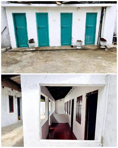 duas imagens de um edifício branco com portas verdes em Nithusha holiday house நிதுஷா சுற்றுலா விடுதி em Jaffna