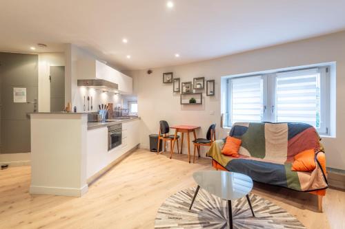 un salon avec un canapé et une cuisine dans l'établissement Le Passage du Château, à Annecy