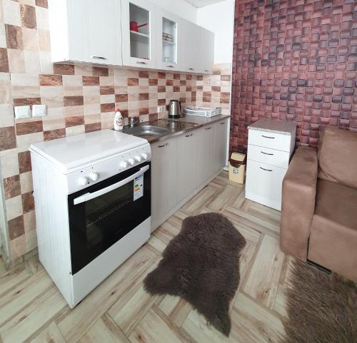 uma cozinha com um fogão, um lavatório e um sofá em Winterfell Apartment Popova Shapka em Popova Shapka