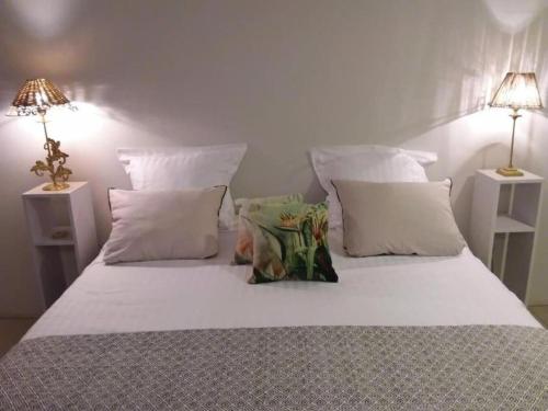 سرير أو أسرّة في غرفة في Le Palace climatisé au centre-ville - Piscine - Proximité Plage et Espagne