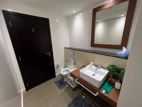 ein Badezimmer mit einem Waschbecken, einem WC und einem Spiegel in der Unterkunft Lodges in al-Ain