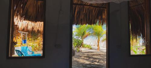 duas janelas com vista para uma praia com uma palmeira em Sonar del Viento em San Bernardo del Viento