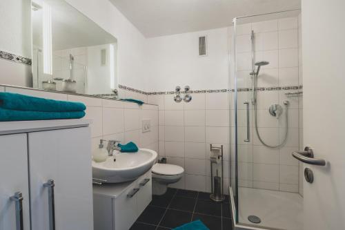 a bathroom with a sink and a toilet and a shower at Mainaublick in Uhldingen-Mühlhofen