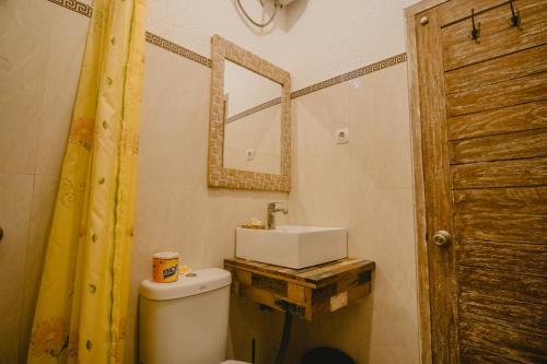 a bathroom with a sink and a toilet and a mirror at Samblung Mas House in Denpasar