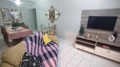 een woonkamer met een bank en een flatscreen-tv bij Apartamento beira mar Centro da cidade WiFi grátis in Mongaguá