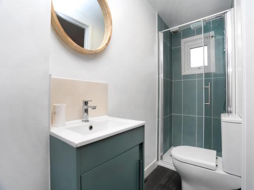 een badkamer met een wastafel, een toilet en een spiegel bij Hayfield in Paignton