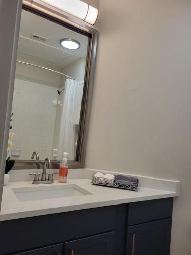 a bathroom with a sink and a mirror at Cozy 1bedrm/1bed/air mattress in Dallas