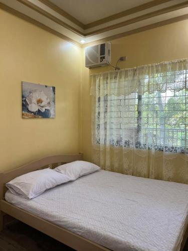 a bedroom with a bed with a window and a fan at Nielo Apartment Door 6 in Dapitan