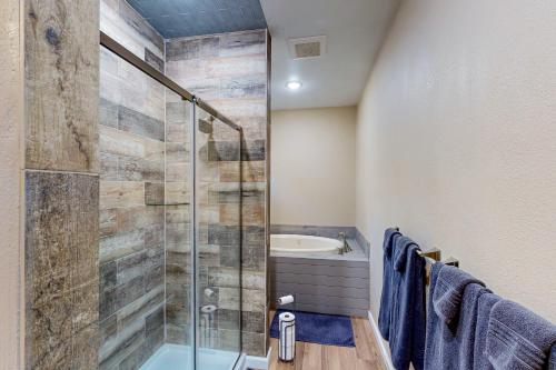 a bathroom with a glass shower and a sink at Sun Dappled Cottage in Spring Branch