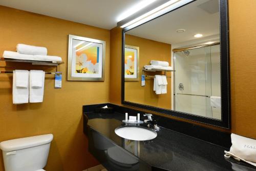 a bathroom with a sink and a mirror and a toilet at Fairfield Inn and Suites by Marriott Winston Salem/Hanes in Winston-Salem