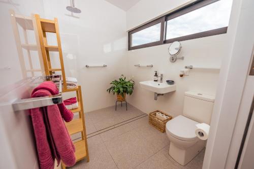 a small bathroom with a toilet and a sink at The Overflow Blue Mountains in Kanimbla
