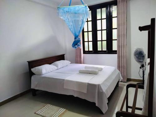 een slaapkamer met een bed met een blauw net bij Colombo Villa Near Bolgoda Lake 5 Bed 2.5 Bath in Piliyandala