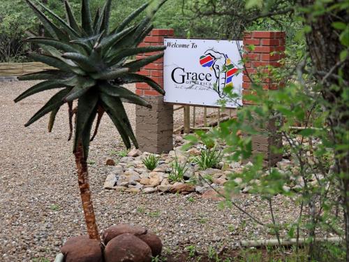 a palm tree and a sign in a garden at Grace of Africa, Kruger Couples Nature Lodge in Marloth Park