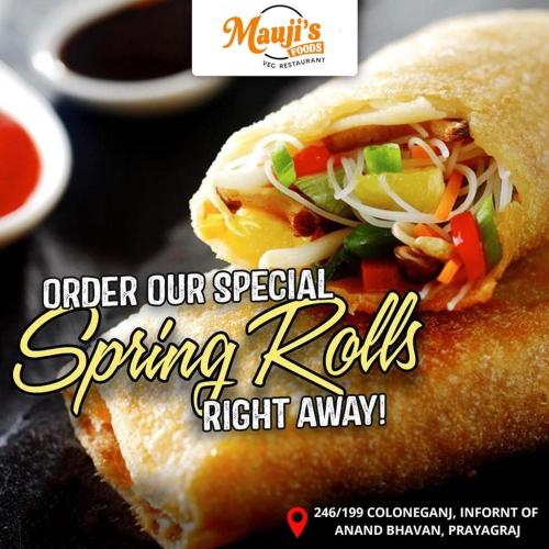 a advertisement for a special spring rolls right away at Mauji's Villa Hotel & Guest House in Prayagraj