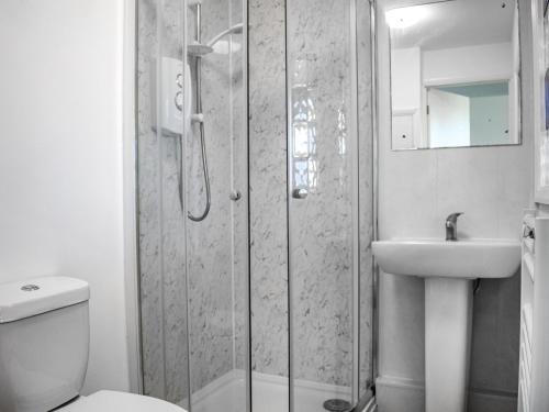 a bathroom with a shower and a toilet and a sink at Wessex Studio in East Wittering