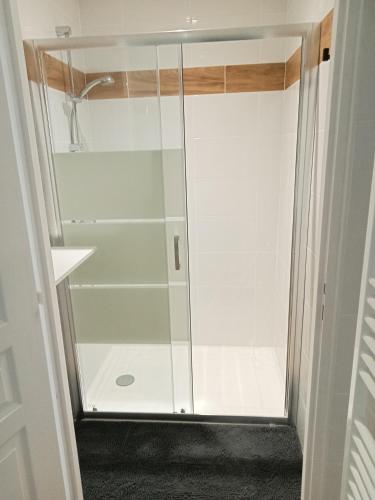une douche avec une porte vitrée dans une salle de bain dans l'établissement Gite de la margeride, à Thoras