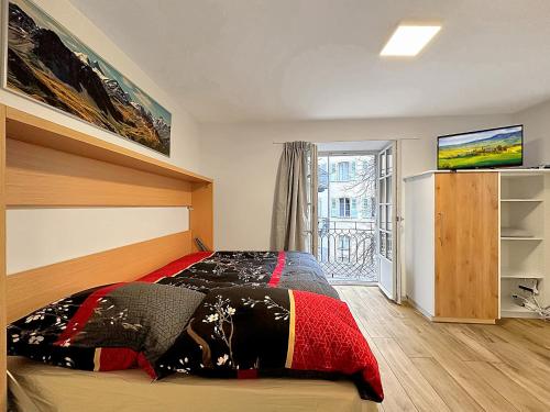um quarto com uma cama e uma televisão em Studio 505 - Sion Old City - Swiss Alps em Sião