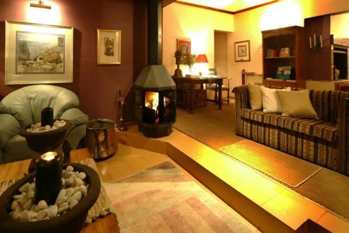 a living room with a couch and a fireplace at Fisant, Bokmakierie and Hoephoep Guest House in Bethlehem