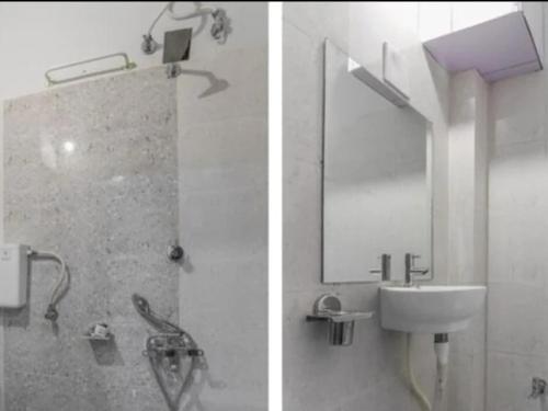 2 fotos de un baño con lavabo y espejo en HOTEL CM PALACE & GUEST HOUSE & P.G ROOMS, en Kalol