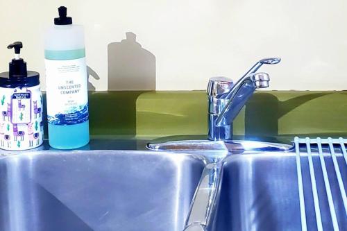 a sink with a bottle of mouthwash and a sink at EVCharger, Free Parking, Ski, Golf, BBQ, Awesomeness in Invermere