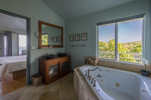 a bathroom with a tub and a bed and a mirror at The Pineapple Palace in Papa Bay Estates